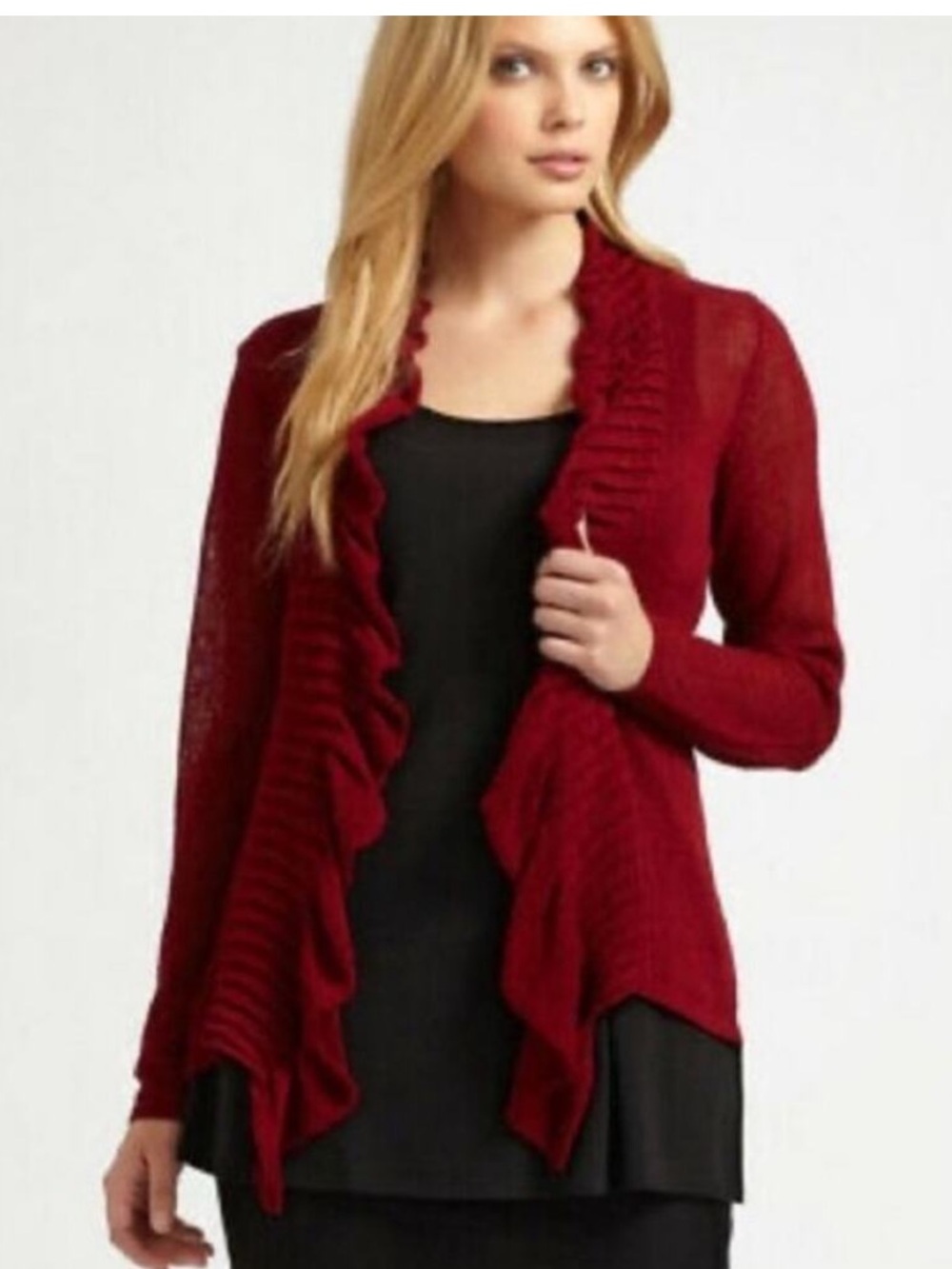 Eileen Fisher Linen Blend Open-Drape Pleated Ruffle Cardigan in Deep Red Size MP